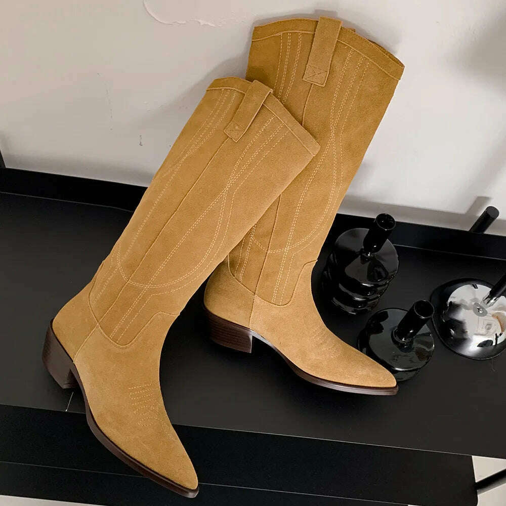 KIMLUD, FEDONAS Popular Western Women Knee-High Boots Cow Suede Leather High Quality Shoes Woman Pointed Toe Office Lady Autumn Winter, brownD / 3, KIMLUD APPAREL - Womens Clothes
