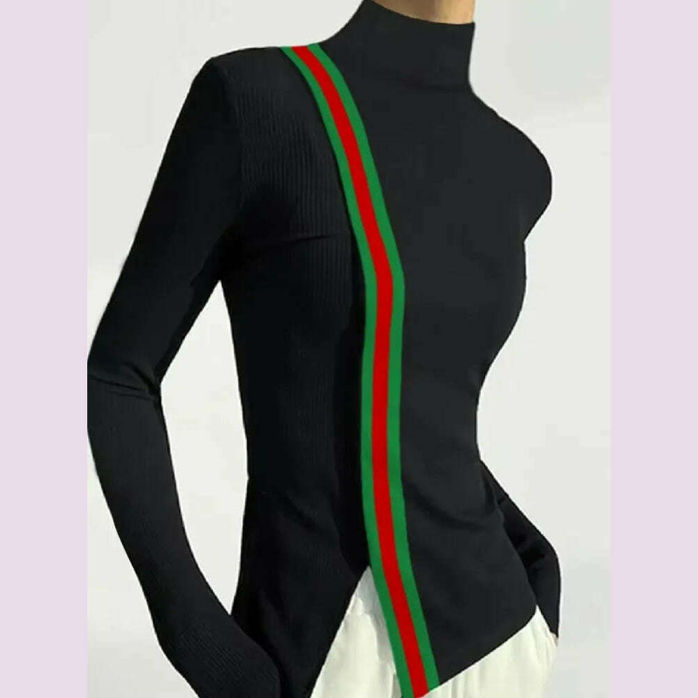 KIMLUD, Female Clothing Skinny T-Shirts Fashion Striped Slit High Neck Contrast Color Spring Autumn Black Women's Base Layer, KIMLUD Womens Clothes