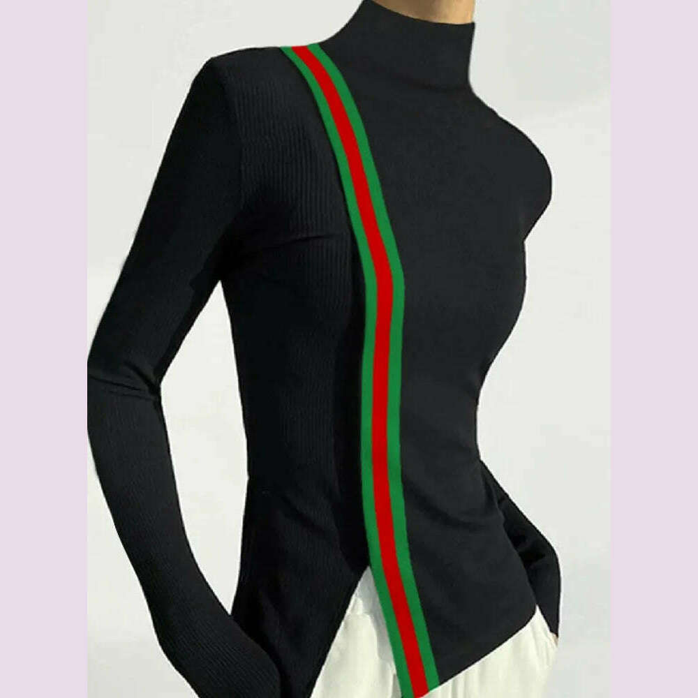 KIMLUD, Female Clothing Skinny T-Shirts Fashion Striped Slit High Neck Contrast Color Spring Autumn Black Women's Base Layer, KIMLUD Womens Clothes
