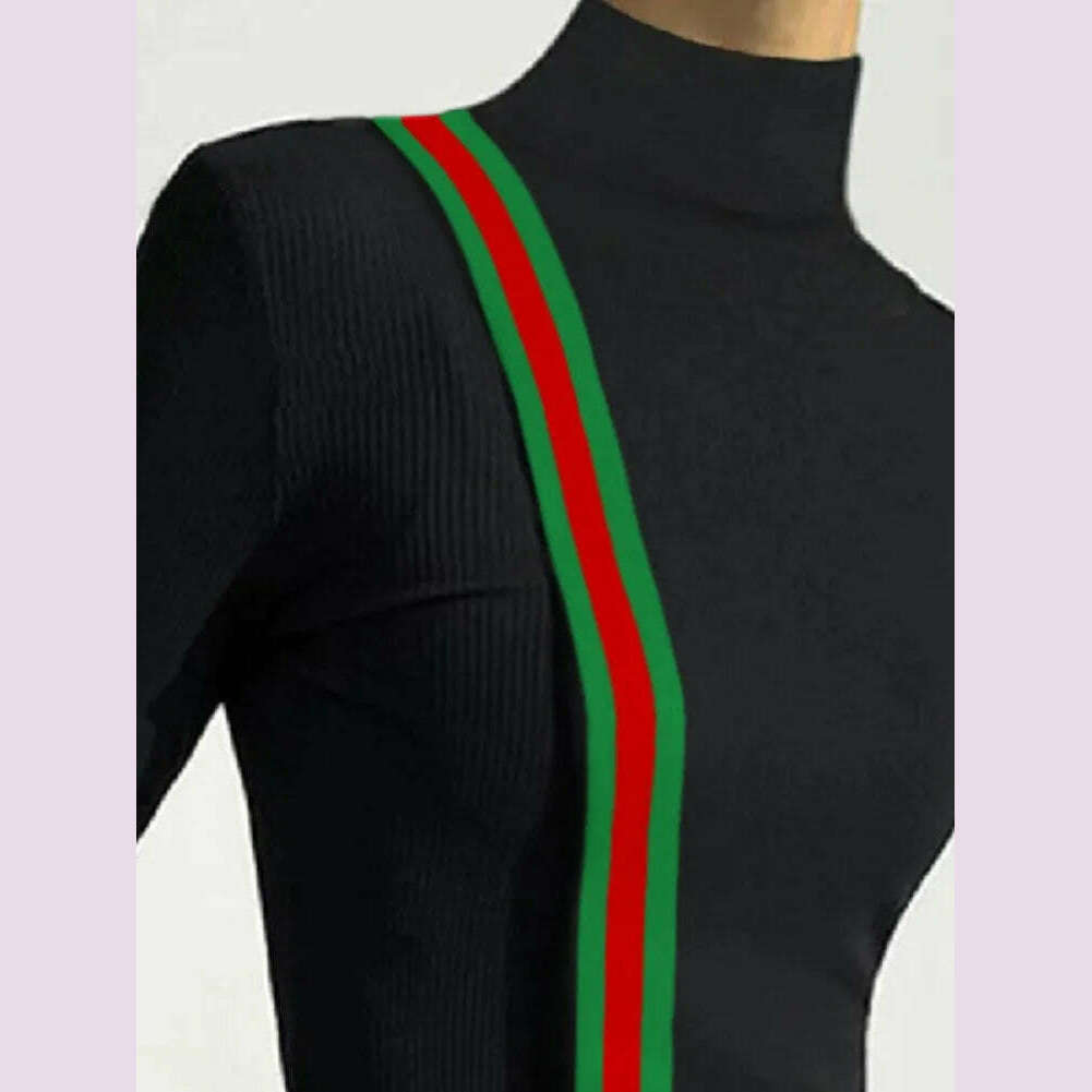 KIMLUD, Female Clothing Skinny T-Shirts Fashion Striped Slit High Neck Contrast Color Spring Autumn Black Women's Base Layer, KIMLUD Womens Clothes