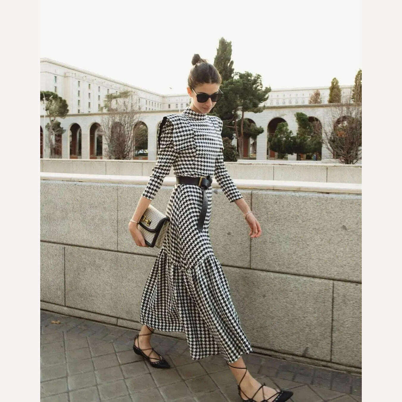 KIMLUD, Female Fashion Plaid Lapel Collar Maxi Dresses Elegant Pleated Long Sleeve Slim Dress 2023 Autumn Winter Commuting Vestidos, 02 / S, KIMLUD APPAREL - Womens Clothes