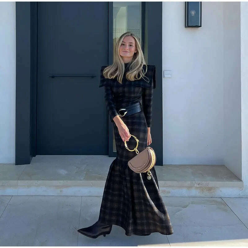 KIMLUD, Female Fashion Plaid Lapel Collar Maxi Dresses Elegant Pleated Long Sleeve Slim Dress 2023 Autumn Winter Commuting Vestidos, KIMLUD Womens Clothes