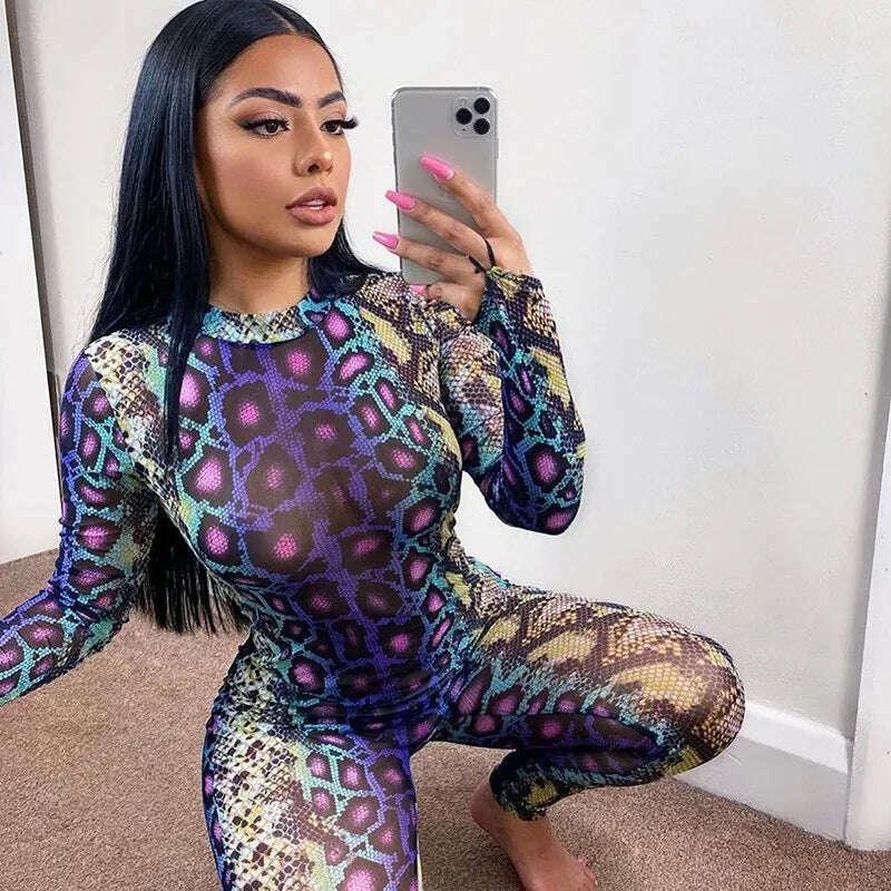 KIMLUD, Female Jumpsuit Women Serpentine Print Round Neck Long Sleeve Jumpsuit Bodysuit Bodycon Jumpsuit Skinny Jumpsuit Streetwear hot, KIMLUD Womens Clothes