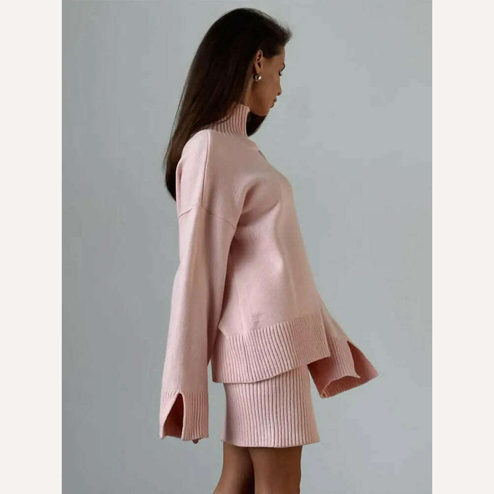 KIMLUD, Female Pink Wrap Hip Knitted Mini Skirts 2 Piece Set Turtleneck Long Sleeve Sweater Skirt Suits Autumn Ladies Commuting Outfits, KIMLUD Womens Clothes