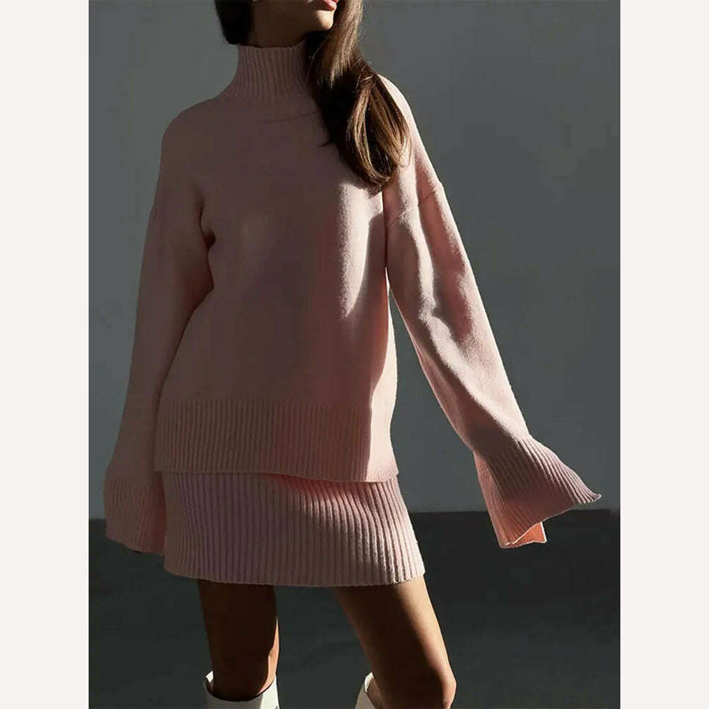 KIMLUD, Female Pink Wrap Hip Knitted Mini Skirts 2 Piece Set Turtleneck Long Sleeve Sweater Skirt Suits Autumn Ladies Commuting Outfits, KIMLUD Womens Clothes