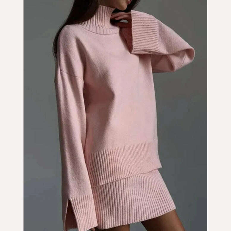 KIMLUD, Female Pink Wrap Hip Knitted Mini Skirts 2 Piece Set Turtleneck Long Sleeve Sweater Skirt Suits Autumn Ladies Commuting Outfits, KIMLUD Womens Clothes