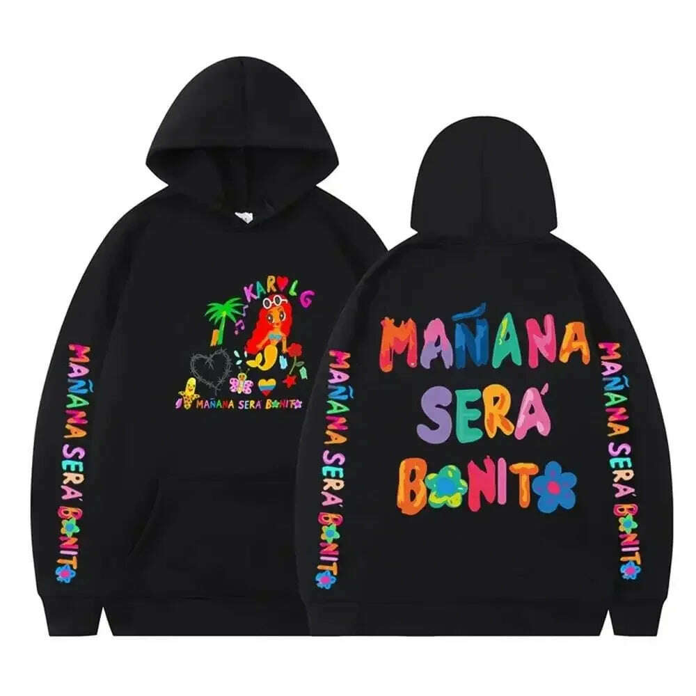 KIMLUD, Female Singer Karol G Hoodies Manana Sera Bonito Printing Hoodie Bichota Multi-colors Sweatshirts Y2k Fleece Hoody for Men Women, Black5 / S, KIMLUD APPAREL - Womens Clothes