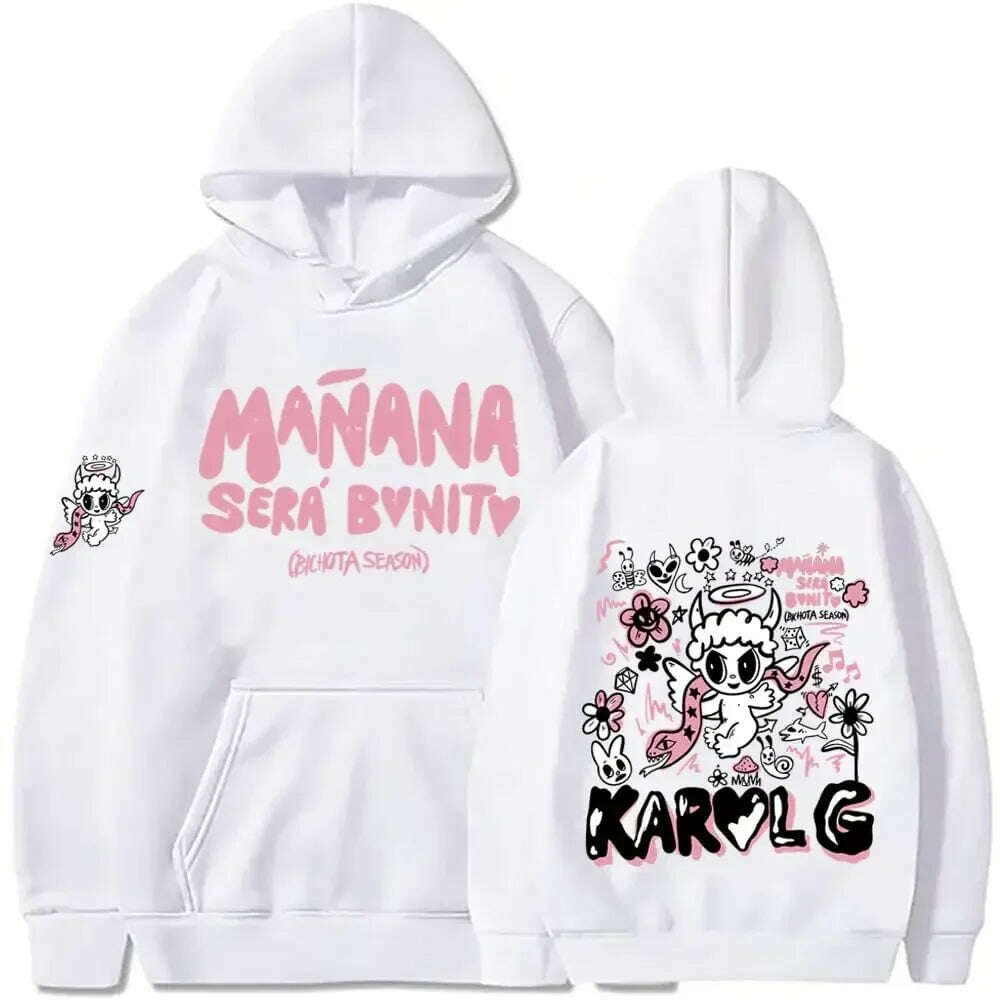 KIMLUD, Female Singer Karol G Hoodies Manana Sera Bonito Printing Hoodie Bichota Multi-colors Sweatshirts Y2k Fleece Hoody for Men Women, White1 / S, KIMLUD APPAREL - Womens Clothes