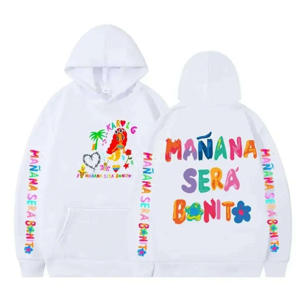 KIMLUD, Female Singer Karol G Hoodies Manana Sera Bonito Printing Hoodie Bichota Multi-colors Sweatshirts Y2k Fleece Hoody for Men Women, White5 / XL, KIMLUD APPAREL - Womens Clothes