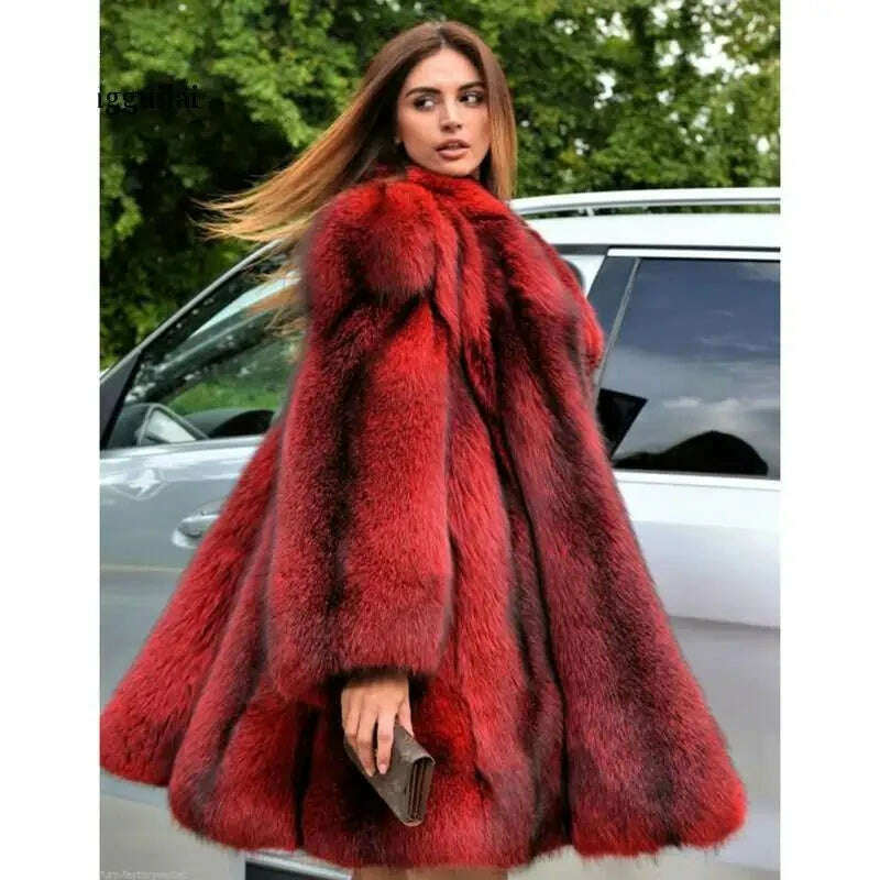 KIMLUD, Fengguilai Winter fake Fox Fur Coat Women Whole Skin Genuine Fox Fur Female Jacket With Long Turn-down Collar Luxury Fur Coat, Red / S / China, KIMLUD Womens Clothes