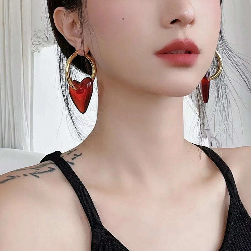 FFLACELL 2022 New Punk Vintage Metal Hoop Red Heart Drop Earrings for Women Girls Party Fashion Hip hop Jewelry Gifts - KIMLUD