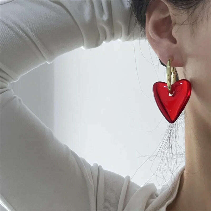 FFLACELL 2022 New Punk Vintage Metal Hoop Red Heart Drop Earrings for Women Girls Party Fashion Hip hop Jewelry Gifts - KIMLUD