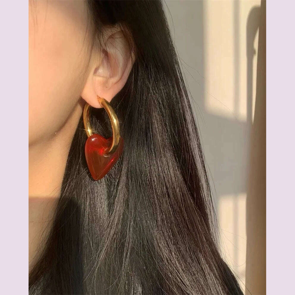 FFLACELL 2022 New Punk Vintage Metal Hoop Red Heart Drop Earrings for Women Girls Party Fashion Hip hop Jewelry Gifts - KIMLUD