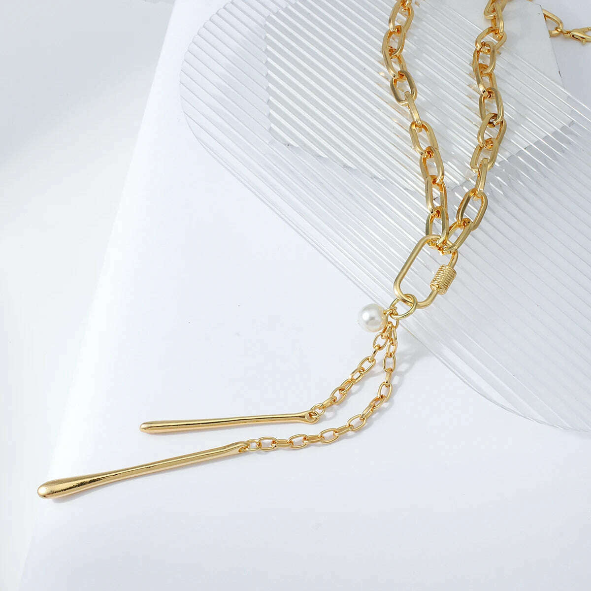 Flashbuy Gold Color Chain Necklace for Women New Design Pearl Metal Long Chain Geometric Pendant Necklace Statement Jewelry - KIMLUD