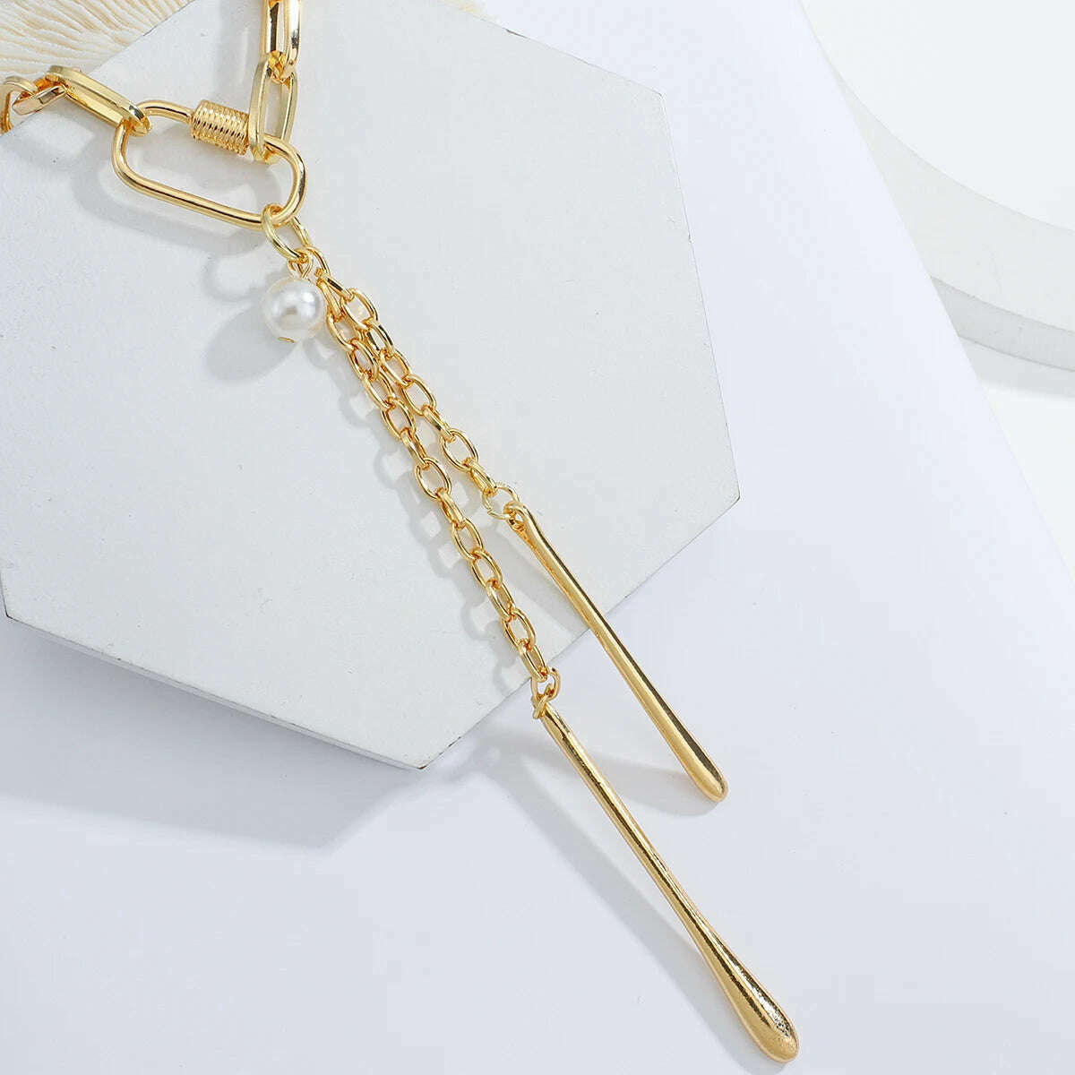 Flashbuy Gold Color Chain Necklace for Women New Design Pearl Metal Long Chain Geometric Pendant Necklace Statement Jewelry - KIMLUD