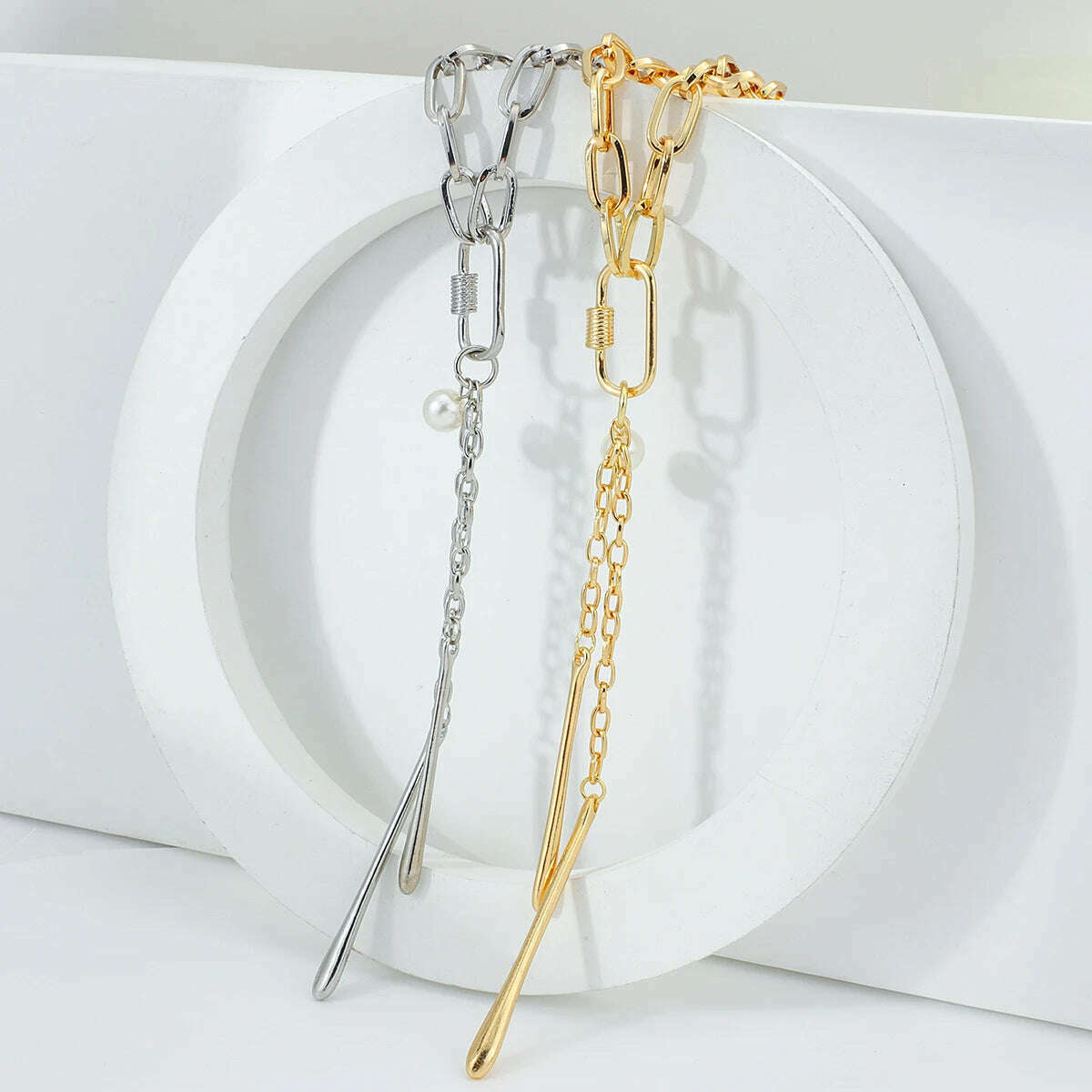 Flashbuy Gold Color Chain Necklace for Women New Design Pearl Metal Long Chain Geometric Pendant Necklace Statement Jewelry - KIMLUD