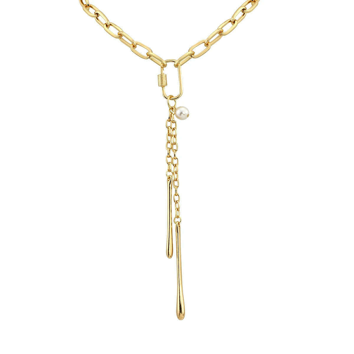 Flashbuy Gold Color Chain Necklace for Women New Design Pearl Metal Long Chain Geometric Pendant Necklace Statement Jewelry - KIMLUD
