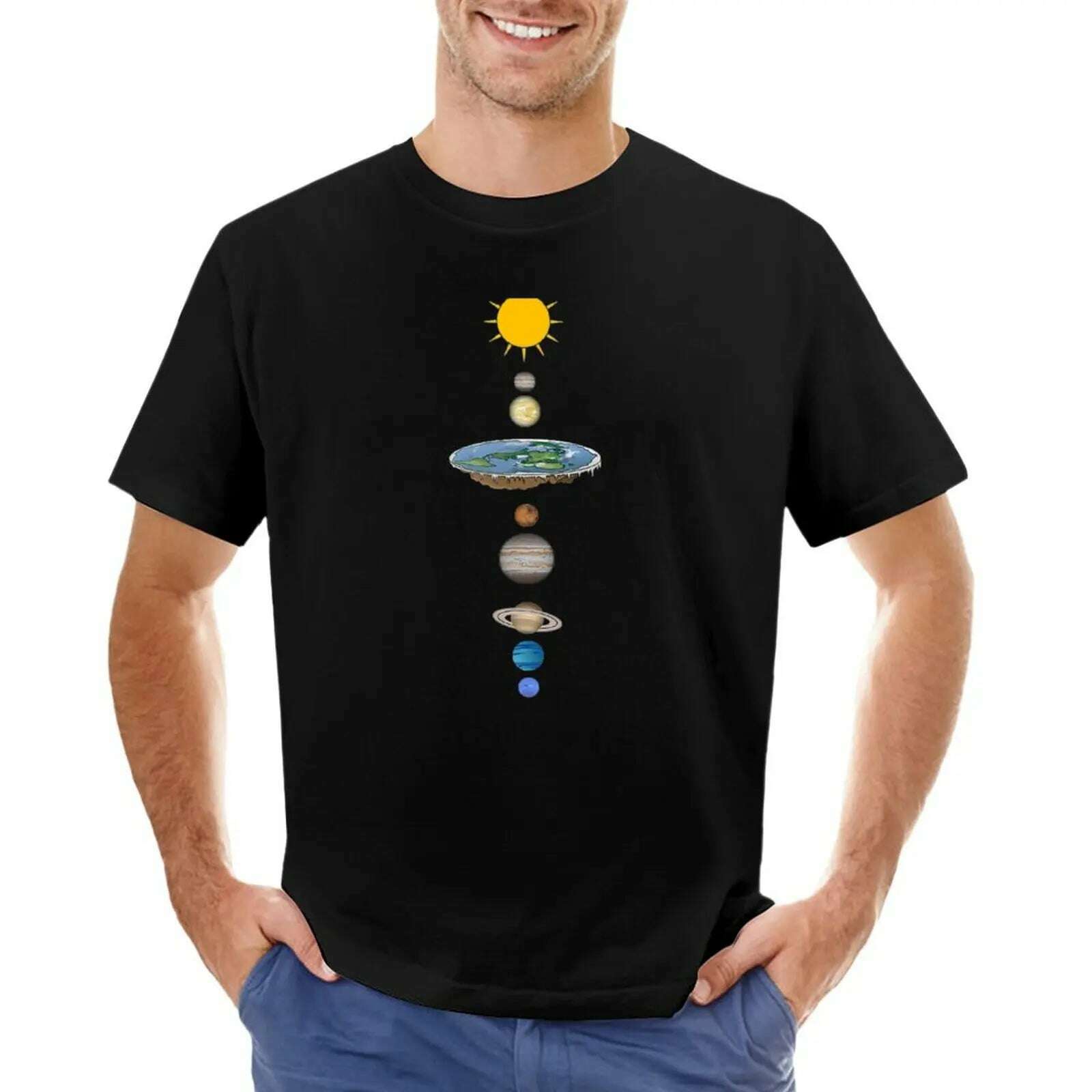 KIMLUD, Flat earth solar system T-Shirt summer top oversizeds mens tall t shirts, Black / XXL, KIMLUD APPAREL - Womens Clothes