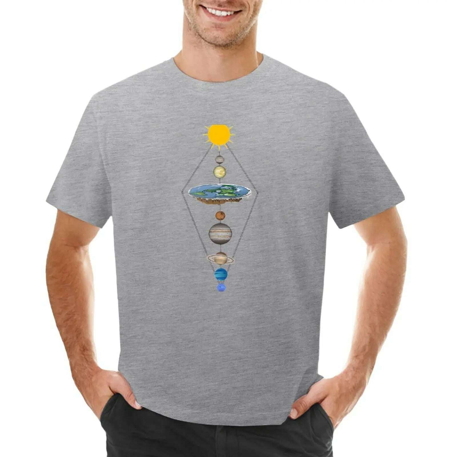 KIMLUD, Flat earth solar system T-Shirt summer top oversizeds mens tall t shirts, Gray / M, KIMLUD APPAREL - Womens Clothes