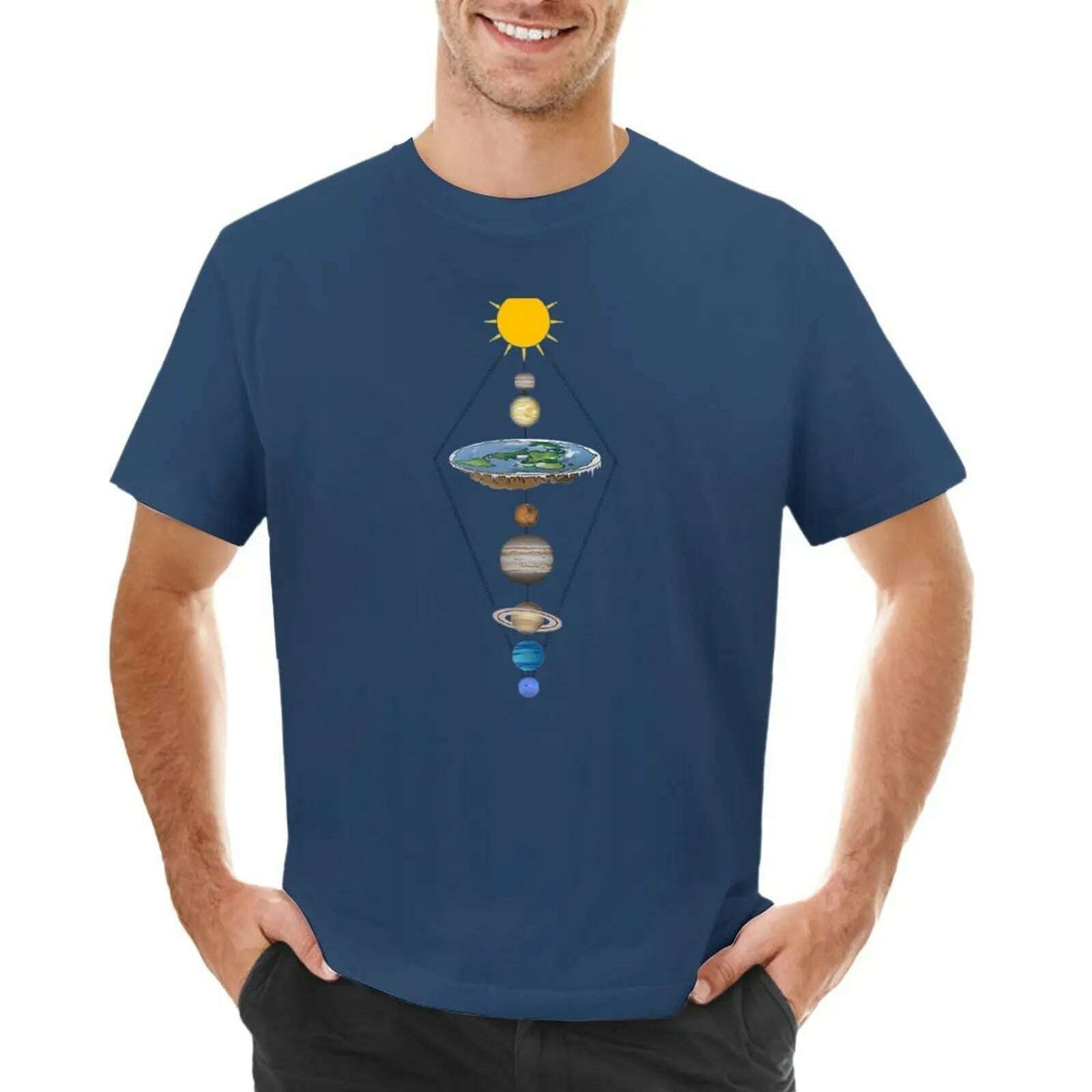 KIMLUD, Flat earth solar system T-Shirt summer top oversizeds mens tall t shirts, Navy / XL, KIMLUD APPAREL - Womens Clothes