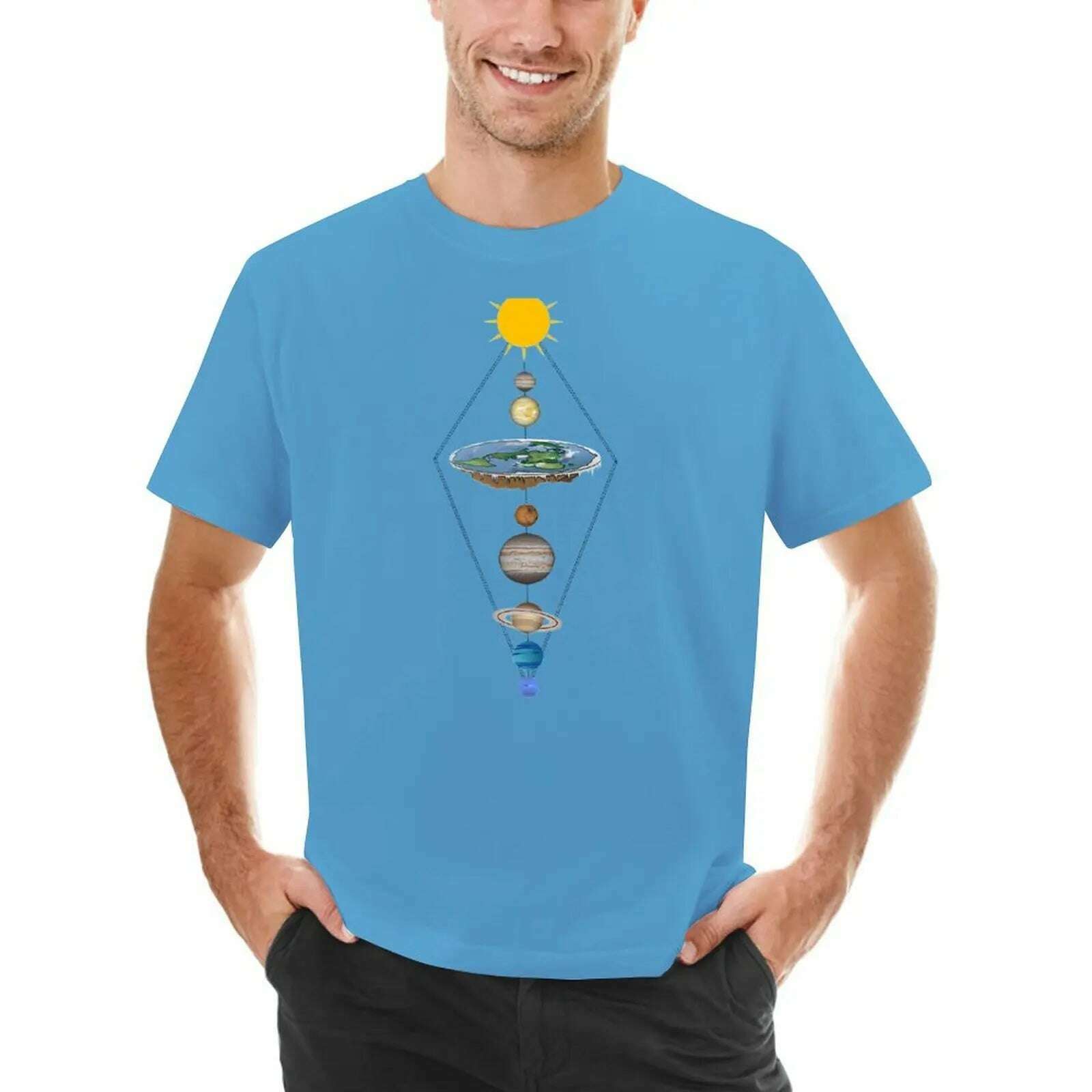 KIMLUD, Flat earth solar system T-Shirt summer top oversizeds mens tall t shirts, Medium blue / XL, KIMLUD APPAREL - Womens Clothes