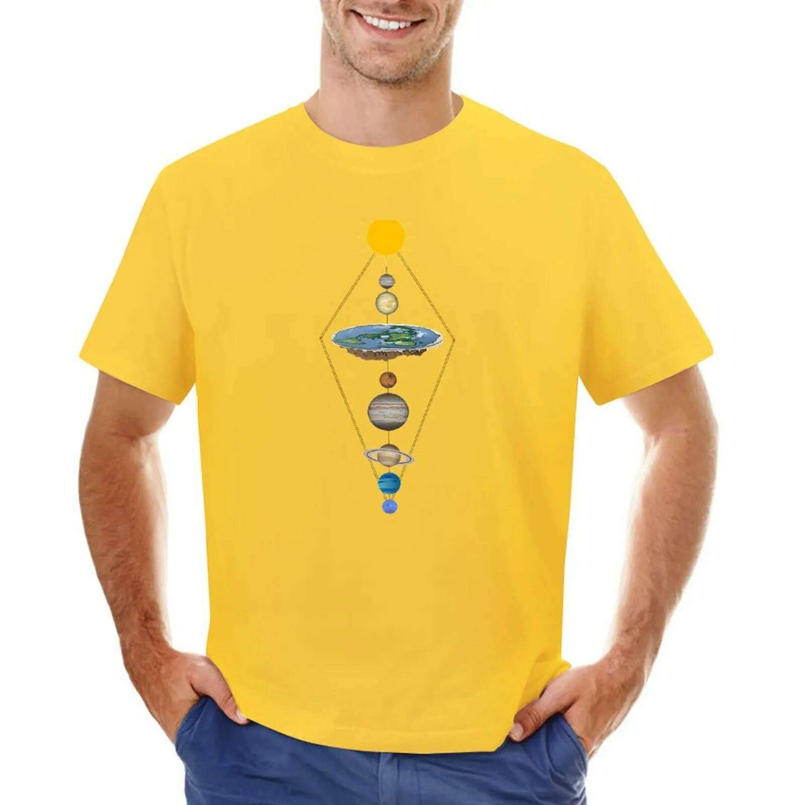 KIMLUD, Flat earth solar system T-Shirt summer top oversizeds mens tall t shirts, Yellow / XL, KIMLUD APPAREL - Womens Clothes