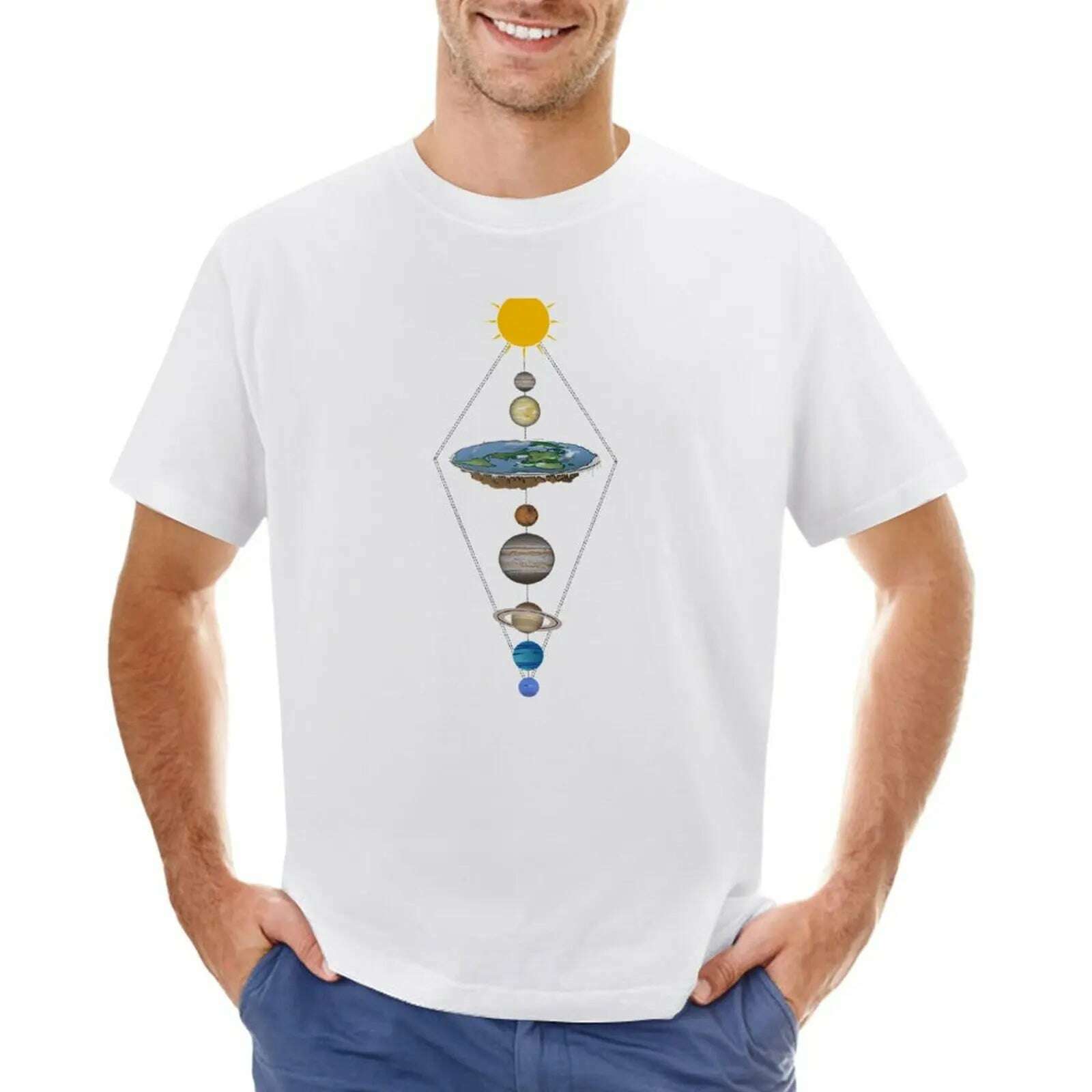 KIMLUD, Flat earth solar system T-Shirt summer top oversizeds mens tall t shirts, White / 6XL, KIMLUD APPAREL - Womens Clothes