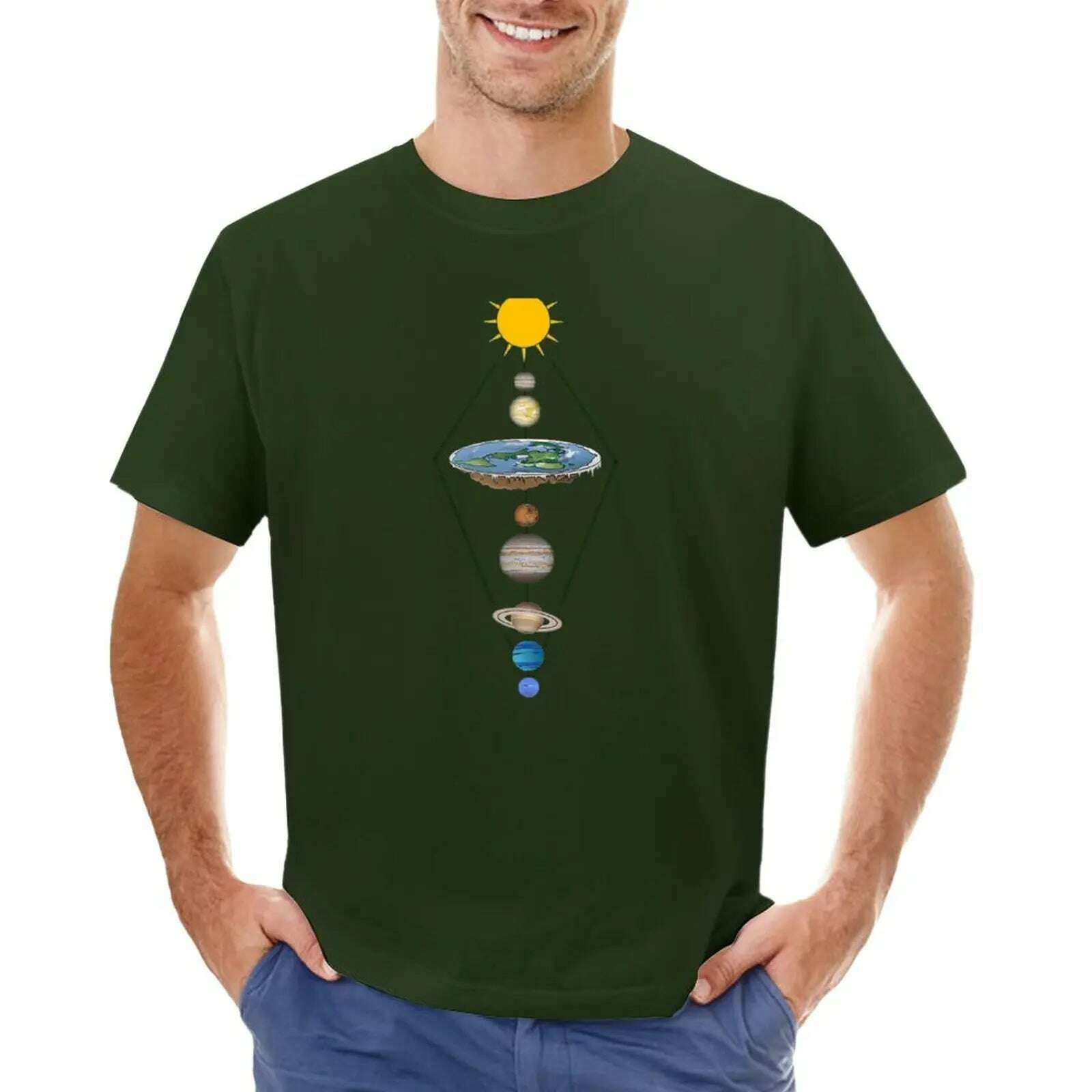 KIMLUD, Flat earth solar system T-Shirt summer top oversizeds mens tall t shirts, Army Green / S, KIMLUD APPAREL - Womens Clothes