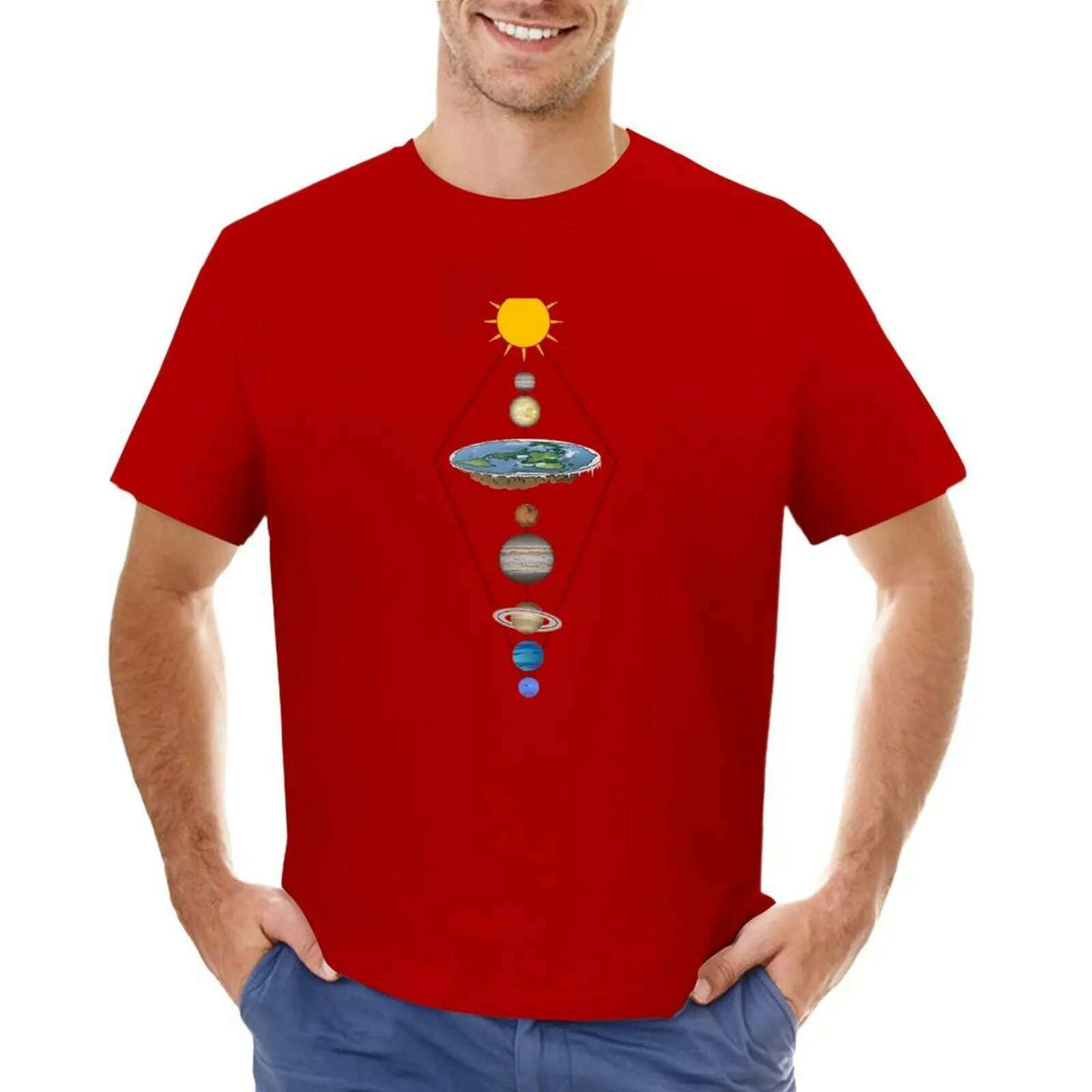 KIMLUD, Flat earth solar system T-Shirt summer top oversizeds mens tall t shirts, Red / L, KIMLUD APPAREL - Womens Clothes