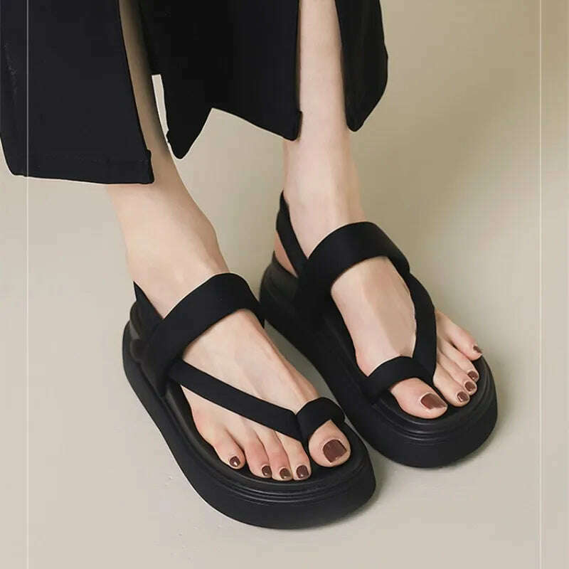 KIMLUD, Flat Platform Sandals Women Summer Fashion Flip Flops Shoes With Footbed Lady Flat Heel Rome Sandals Beach Shoes, Black / 5, KIMLUD APPAREL - Womens Clothes