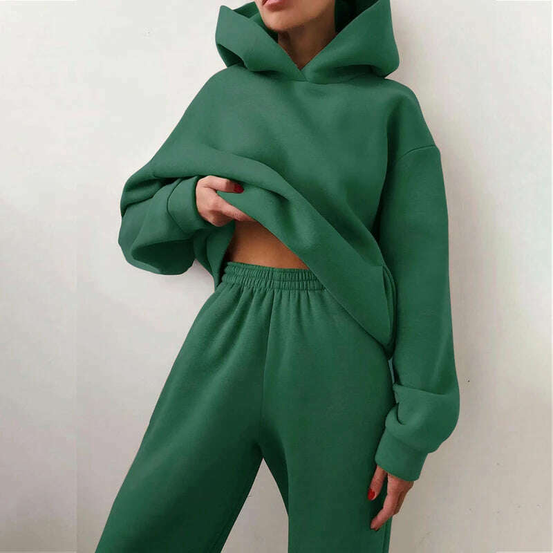 KIMLUD, Fleece-lined Tracksuits Women Casual Hoodies Sweatpants Solid Warm Suits Autumn Winter Pullover Sweatshirts Pants 2 Piece Set, Green / S, KIMLUD APPAREL - Womens Clothes