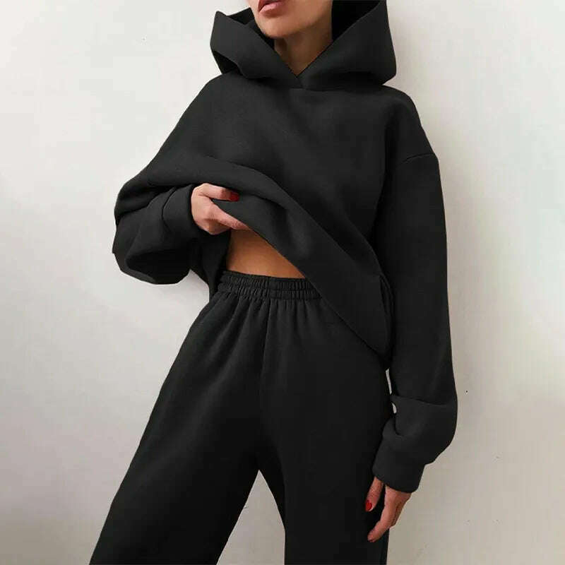 KIMLUD, Fleece-lined Tracksuits Women Casual Hoodies Sweatpants Solid Warm Suits Autumn Winter Pullover Sweatshirts Pants 2 Piece Set, Black / S, KIMLUD APPAREL - Womens Clothes