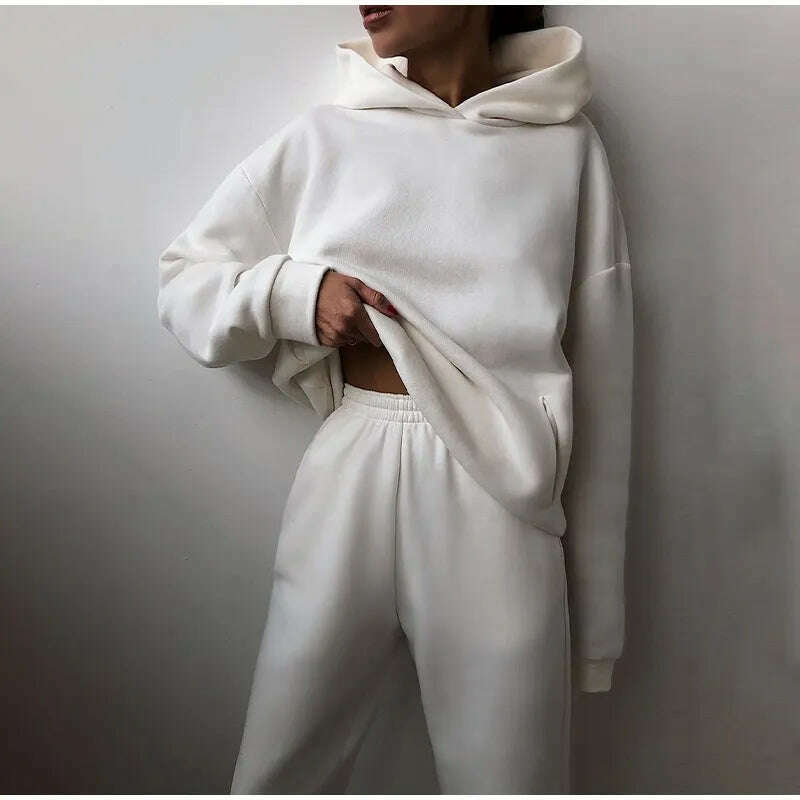 KIMLUD, Fleece-lined Tracksuits Women Casual Hoodies Sweatpants Solid Warm Suits Autumn Winter Pullover Sweatshirts Pants 2 Piece Set, KIMLUD Womens Clothes