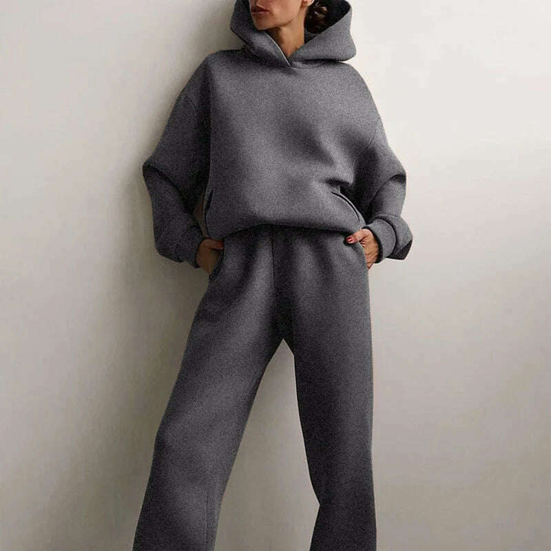 KIMLUD, Fleece-lined Tracksuits Women Casual Hoodies Sweatpants Solid Warm Suits Autumn Winter Pullover Sweatshirts Pants 2 Piece Set, KIMLUD Womens Clothes