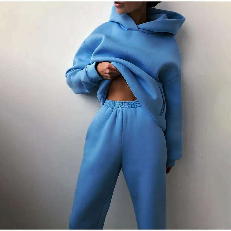 KIMLUD, Fleece-lined Tracksuits Women Casual Hoodies Sweatpants Solid Warm Suits Autumn Winter Pullover Sweatshirts Pants 2 Piece Set, KIMLUD Womens Clothes