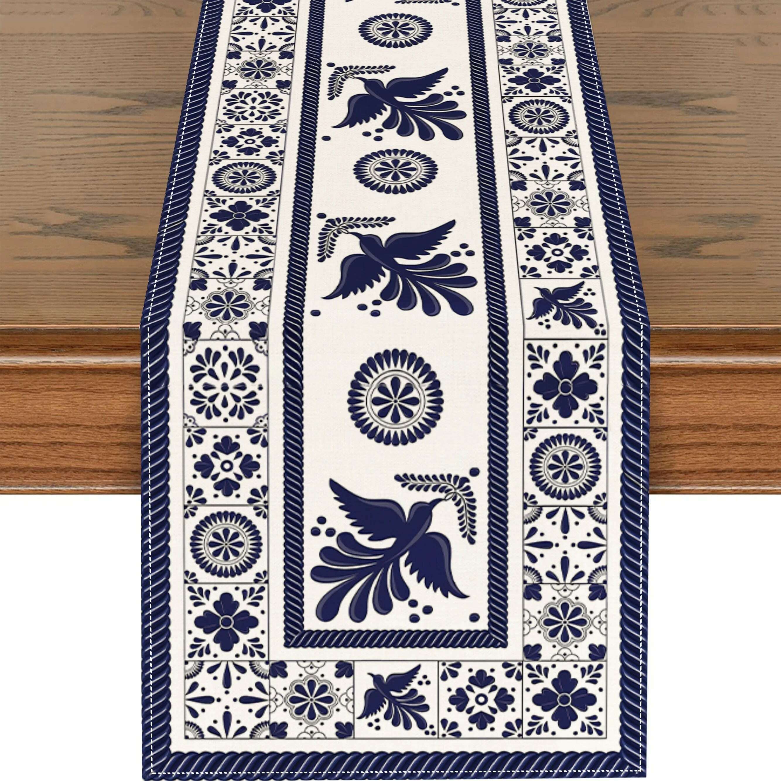 Floral Bird Mexican Linen Table Runners Blue Patchwork Tiles Dresser Scarf Table Decor Holiday Wedding Party Dining Table Decor - KIMLUD