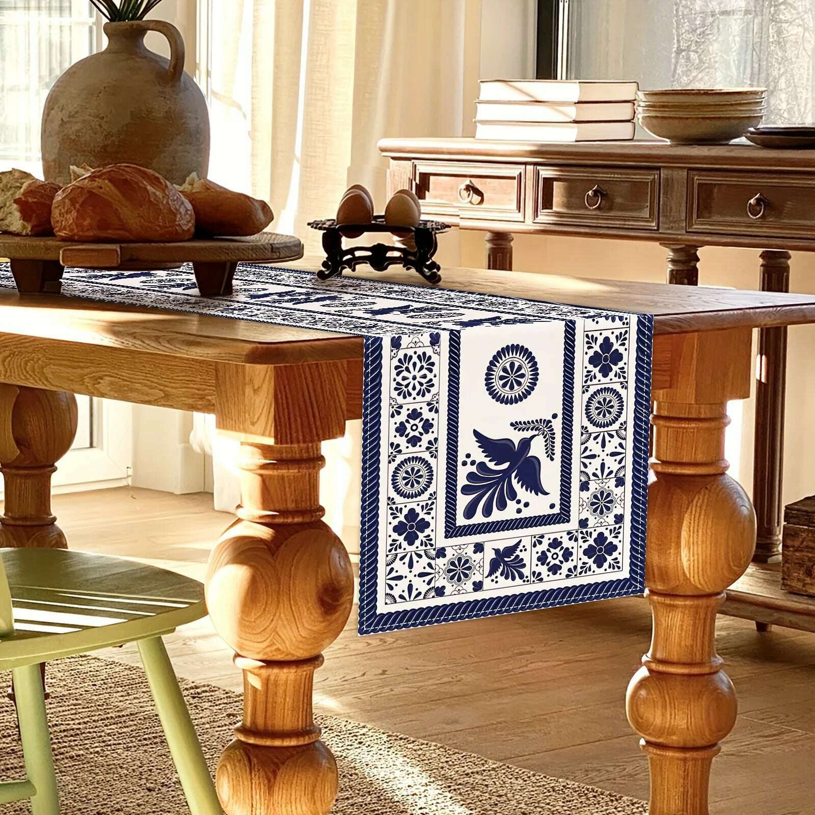 Floral Bird Mexican Linen Table Runners Blue Patchwork Tiles Dresser Scarf Table Decor Holiday Wedding Party Dining Table Decor - KIMLUD