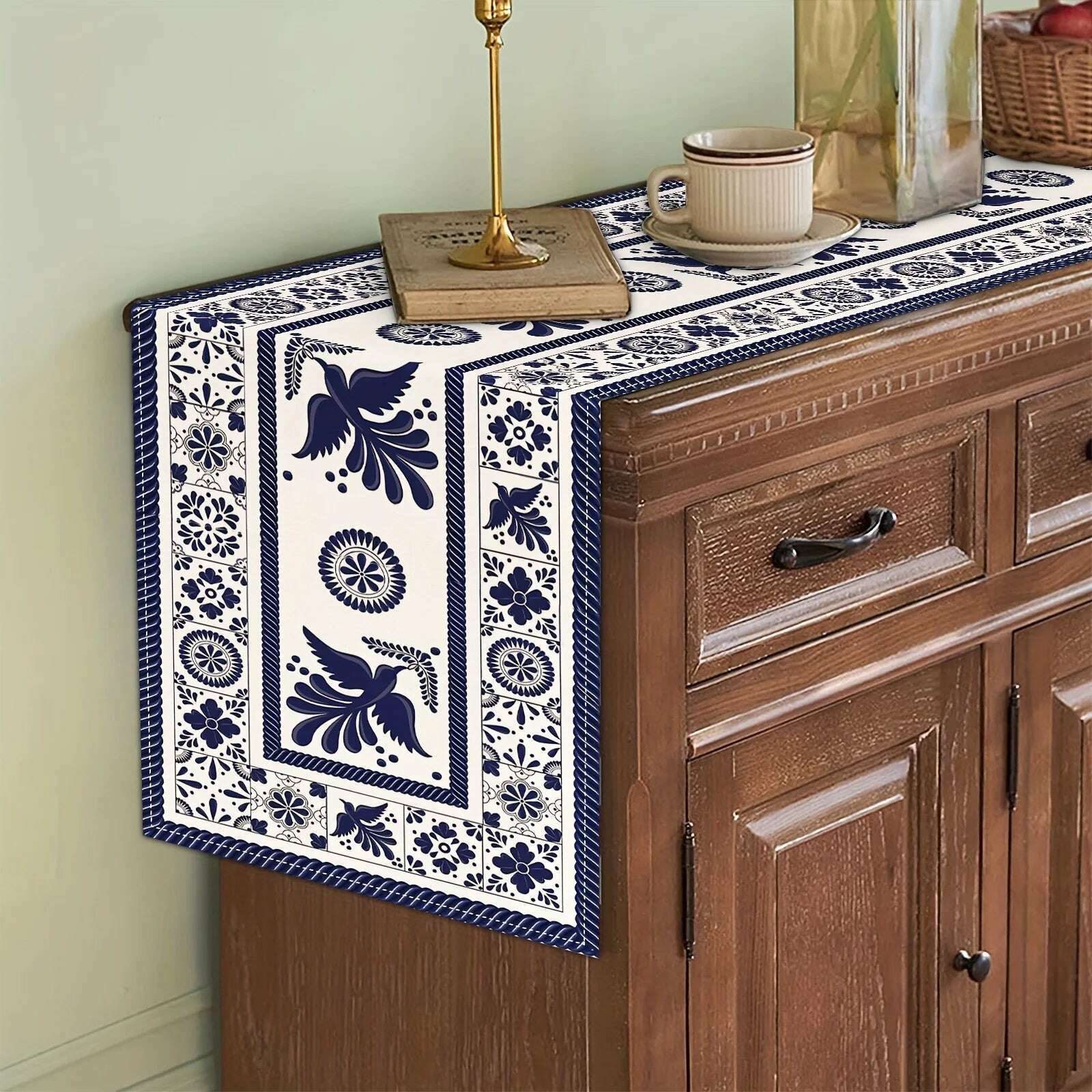 Floral Bird Mexican Linen Table Runners Blue Patchwork Tiles Dresser Scarf Table Decor Holiday Wedding Party Dining Table Decor - KIMLUD