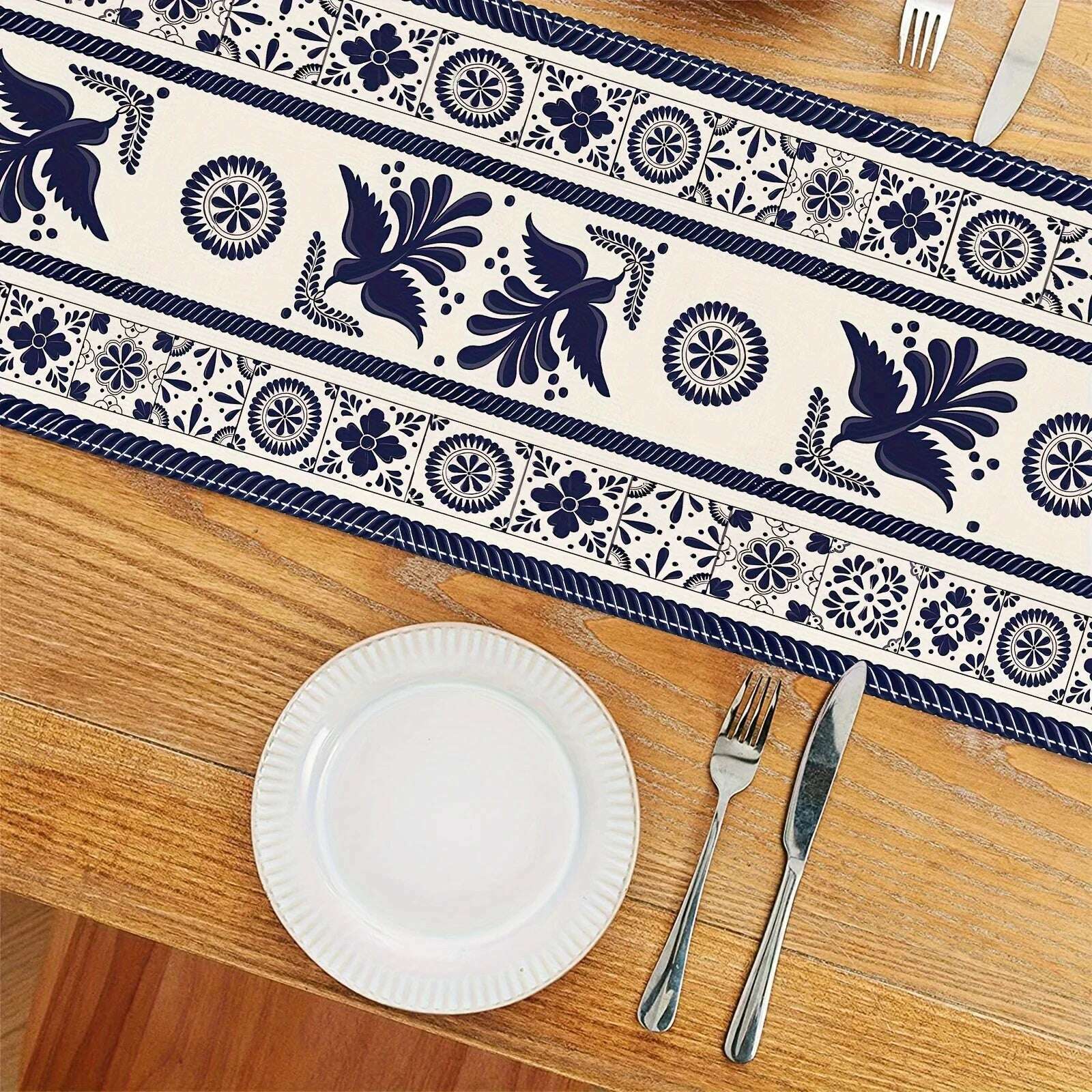Floral Bird Mexican Linen Table Runners Blue Patchwork Tiles Dresser Scarf Table Decor Holiday Wedding Party Dining Table Decor - KIMLUD