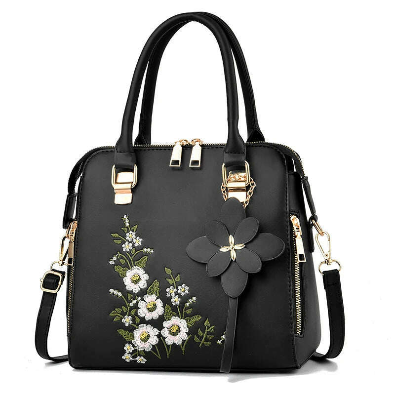 Floral Detail Shoulder Bag, Trendy Zipper Handbag For Work, Casual Crossbody Bag, Women's Floral Decor Purse - KIMLUD