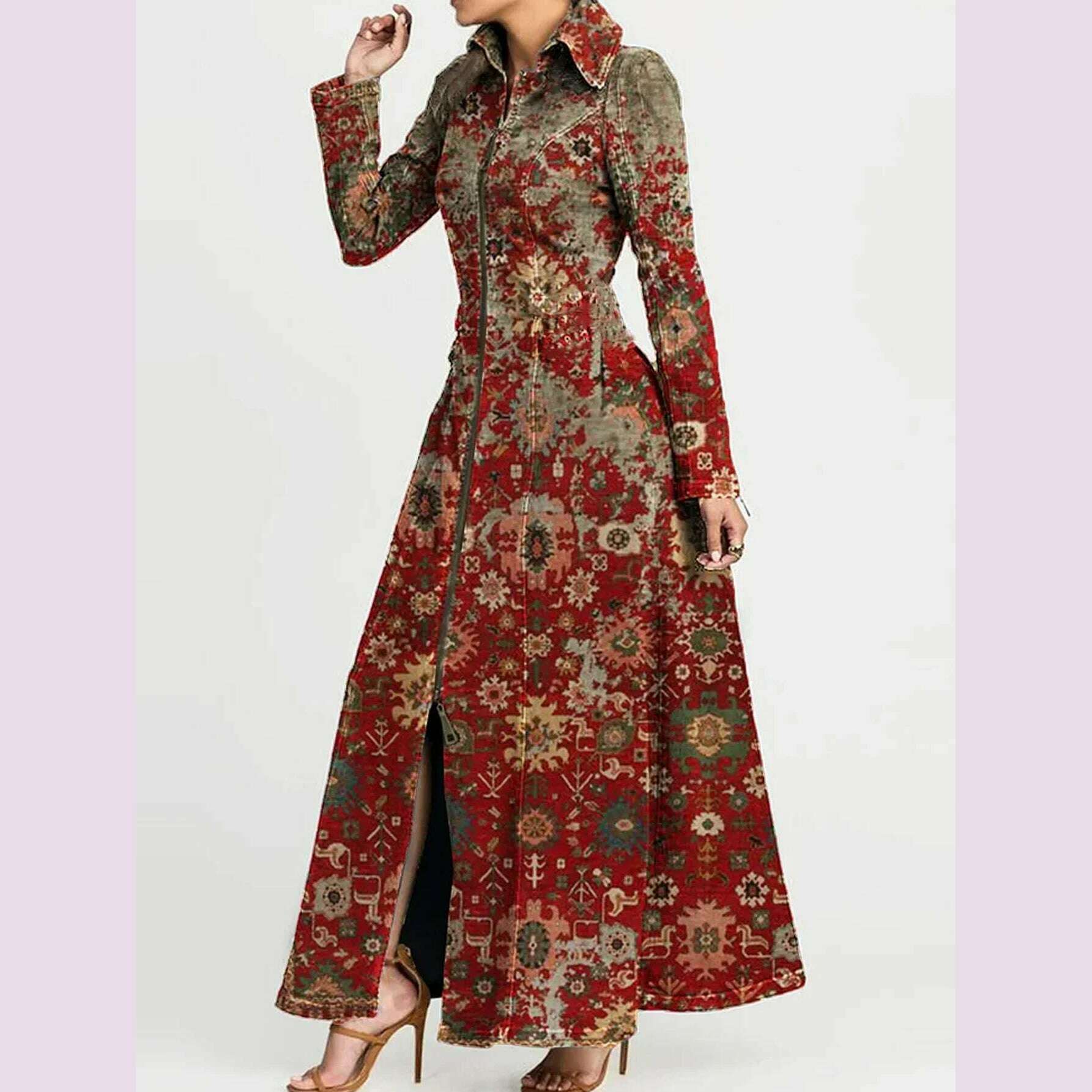 KIMLUD, Floral Printed Long Dress Turn Down Collar Vintage Casual Ethnic A-Line Dress Zipper Trench Jacket Dress for Autumn 2025, as the picture / M, KIMLUD APPAREL - Womens Clothes