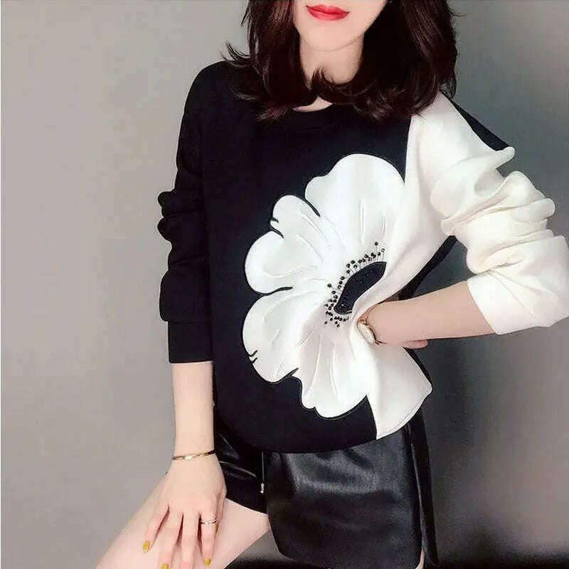 KIMLUD, Floral Printed Sweatshirts women Clothing Korean Spliced Round Neck Spring Autumn Fashion Casual Loose Pullovers Hoodies Tops, WHITE / M, KIMLUD APPAREL - Womens Clothes