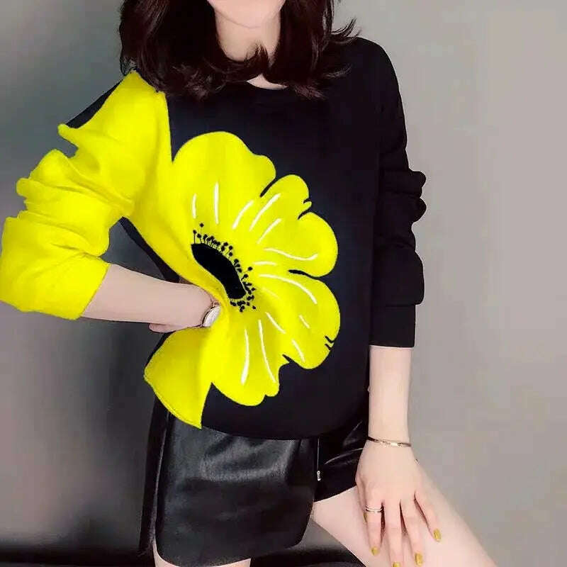 KIMLUD, Floral Printed Sweatshirts women Clothing Korean Spliced Round Neck Spring Autumn Fashion Casual Loose Pullovers Hoodies Tops, KIMLUD Womens Clothes