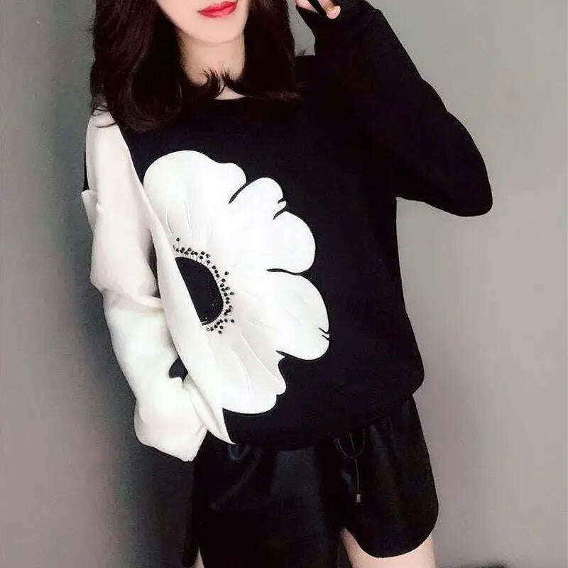 KIMLUD, Floral Printed Sweatshirts women Clothing Korean Spliced Round Neck Spring Autumn Fashion Casual Loose Pullovers Hoodies Tops, KIMLUD Womens Clothes