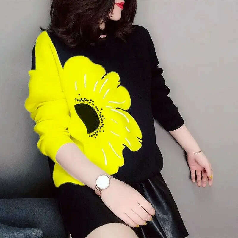 KIMLUD, Floral Printed Sweatshirts women Clothing Korean Spliced Round Neck Spring Autumn Fashion Casual Loose Pullovers Hoodies Tops, KIMLUD Womens Clothes