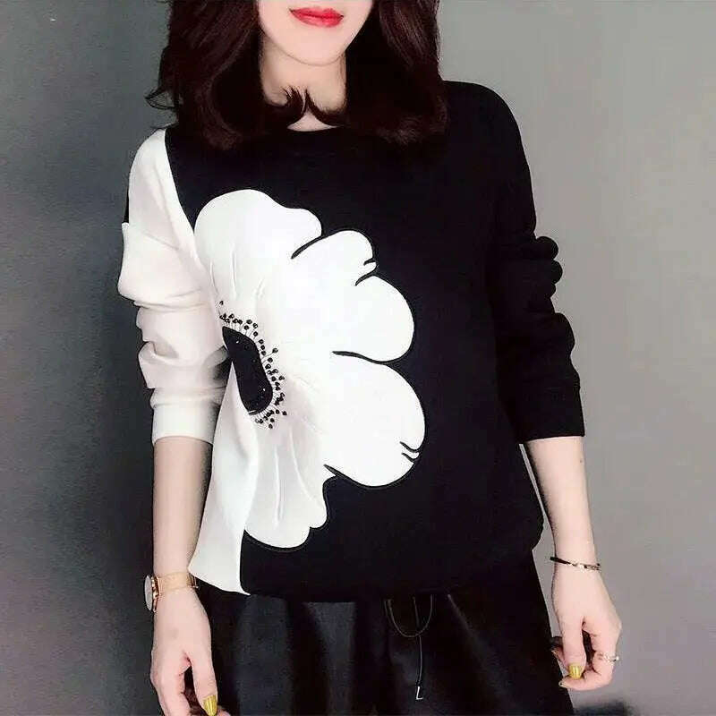 KIMLUD, Floral Printed Sweatshirts women Clothing Korean Spliced Round Neck Spring Autumn Fashion Casual Loose Pullovers Hoodies Tops, KIMLUD Womens Clothes