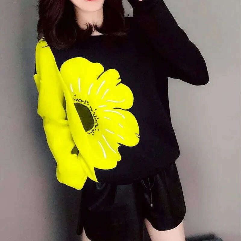 KIMLUD, Floral Printed Sweatshirts women Clothing Korean Spliced Round Neck Spring Autumn Fashion Casual Loose Pullovers Hoodies Tops, KIMLUD Womens Clothes