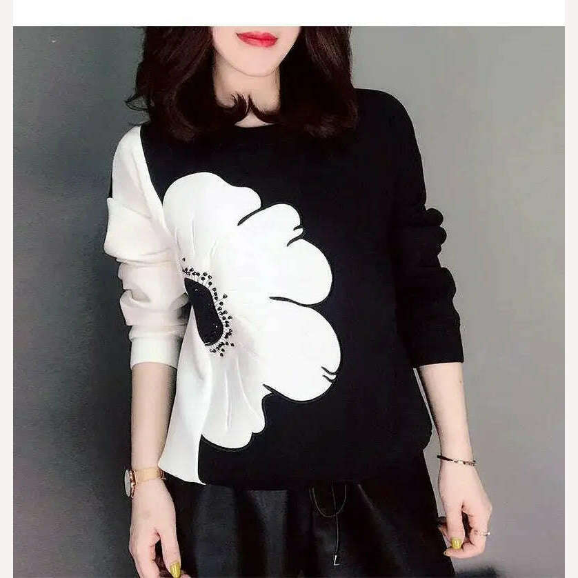 KIMLUD, Floral Printed Sweatshirts women Clothing Korean Spliced Round Neck Spring Autumn Fashion Casual Loose Pullovers Hoodies Tops, KIMLUD Womens Clothes