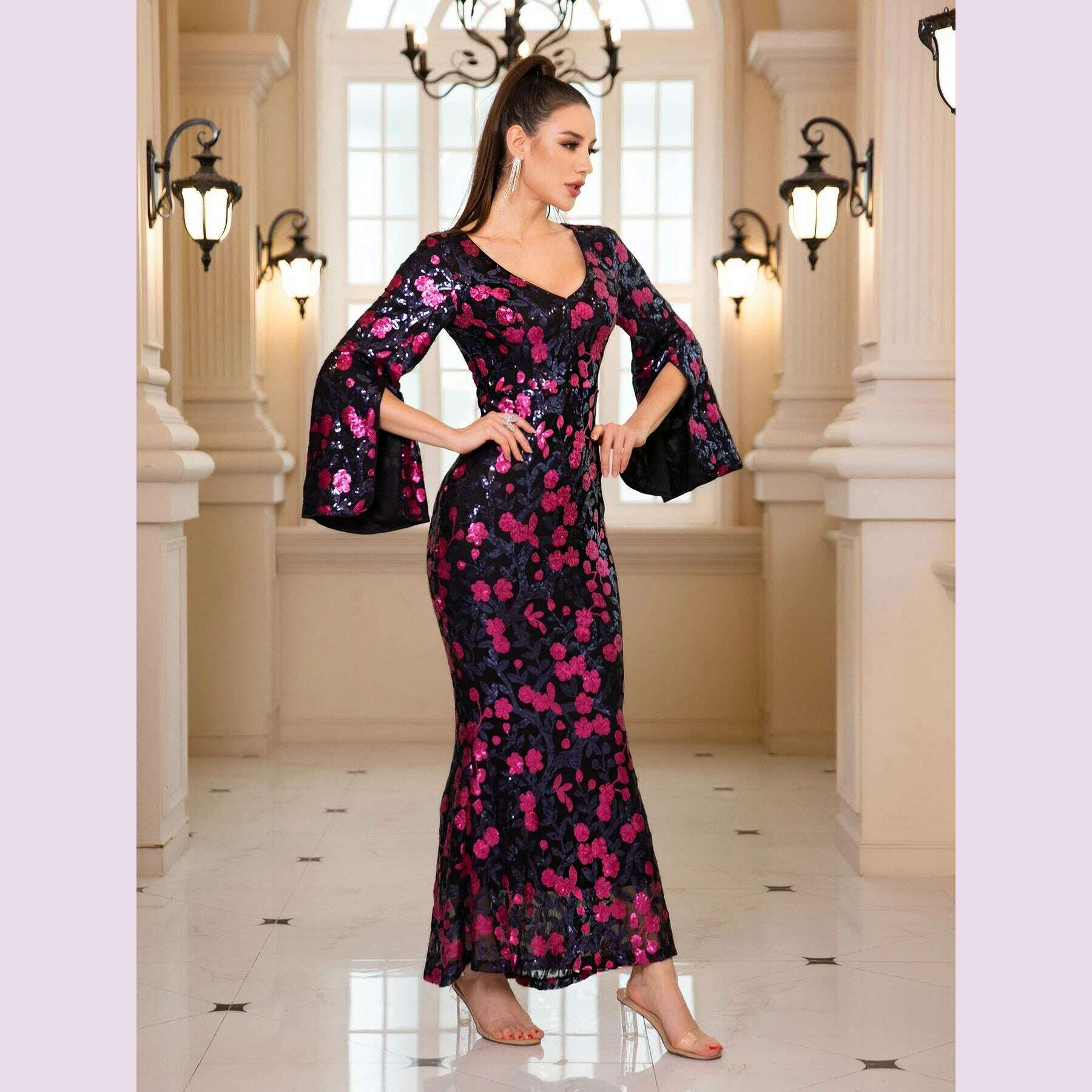 Floral Sequined Long Prom Dresses for Women V Neck Flare Sleeves Evening Party Maxi Gown - KIMLUD