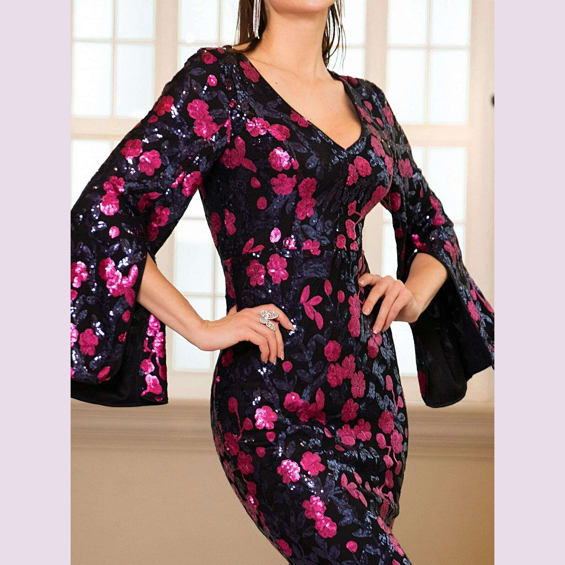 Floral Sequined Long Prom Dresses for Women V Neck Flare Sleeves Evening Party Maxi Gown - KIMLUD